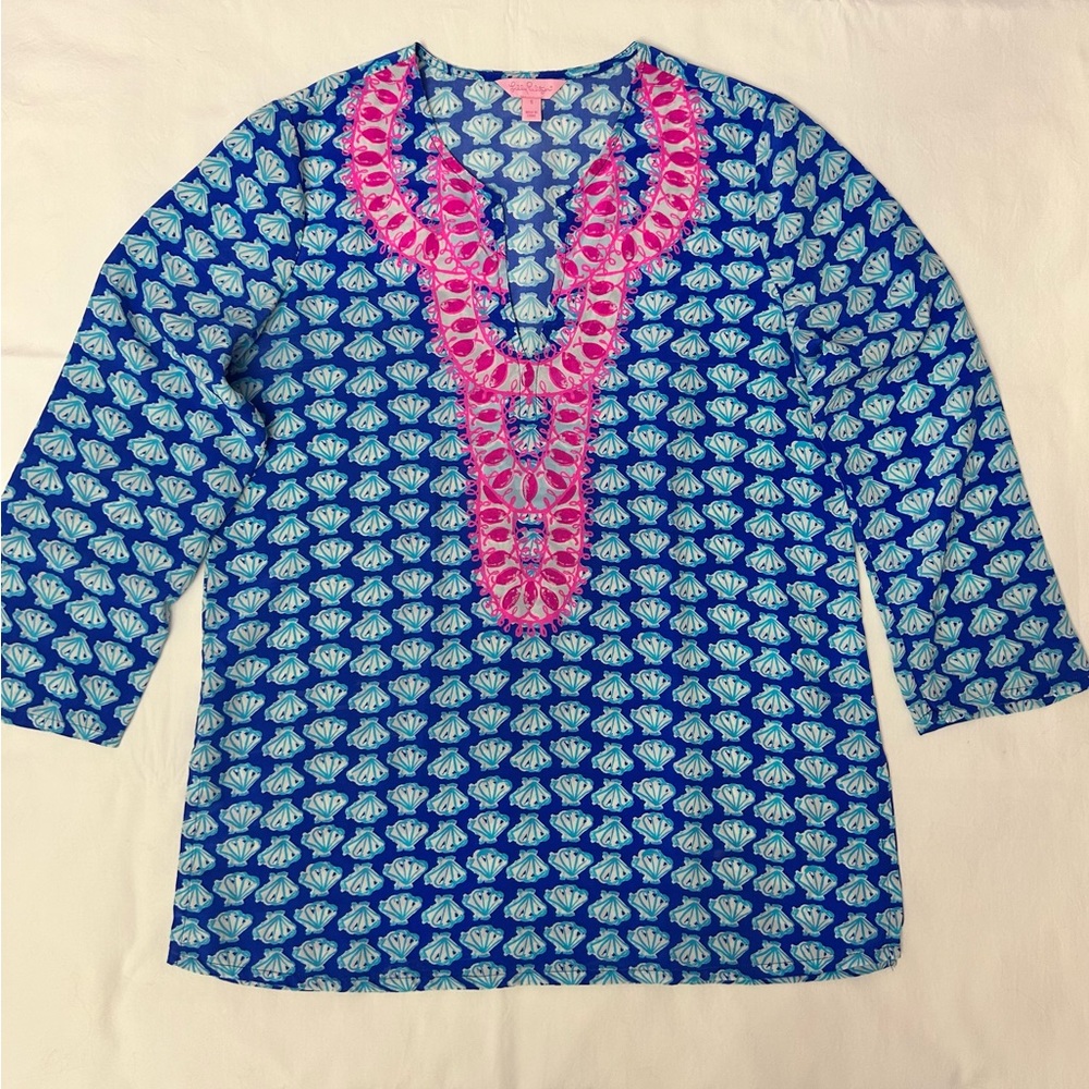 Lilly Pulitzer Women's Renato Tunic Top 100% Silk Brilliant Blue Size S